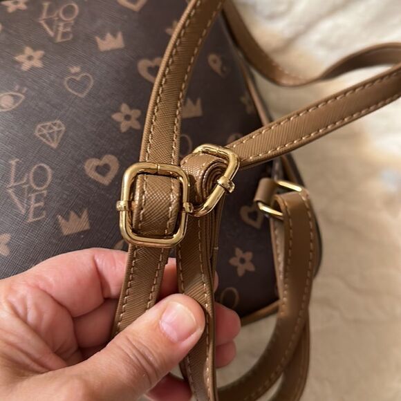 Claire’s Brown Tan LOVE Hearts Jewels Crowns Print Faux Leather Mini Backpack - Picture 16 of 16